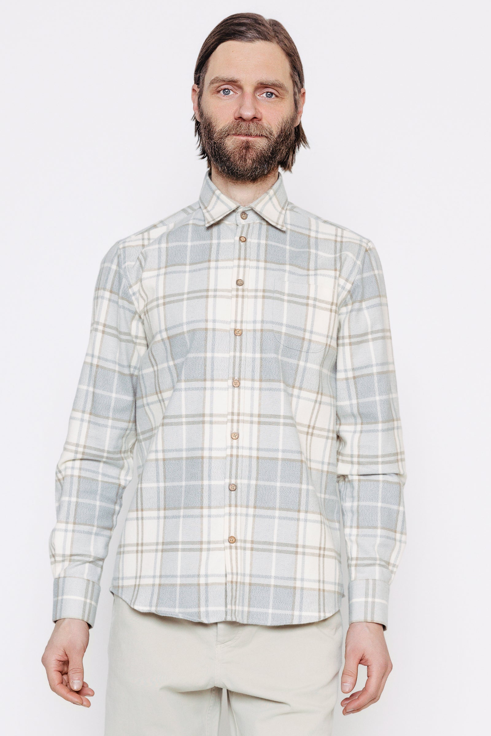 Módelmynd. Skyrta - Kári - Beige Grey Check frá Thomsen Reykjavík