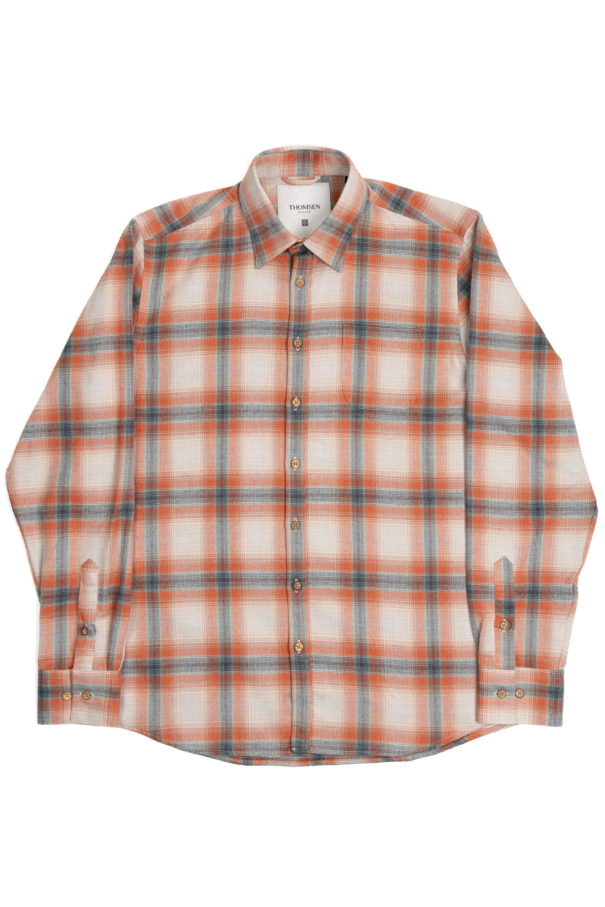 Appelsínugul köflótt skyrta frá Thomsen Reykjavík. Klassískt snið. 100% cotton.