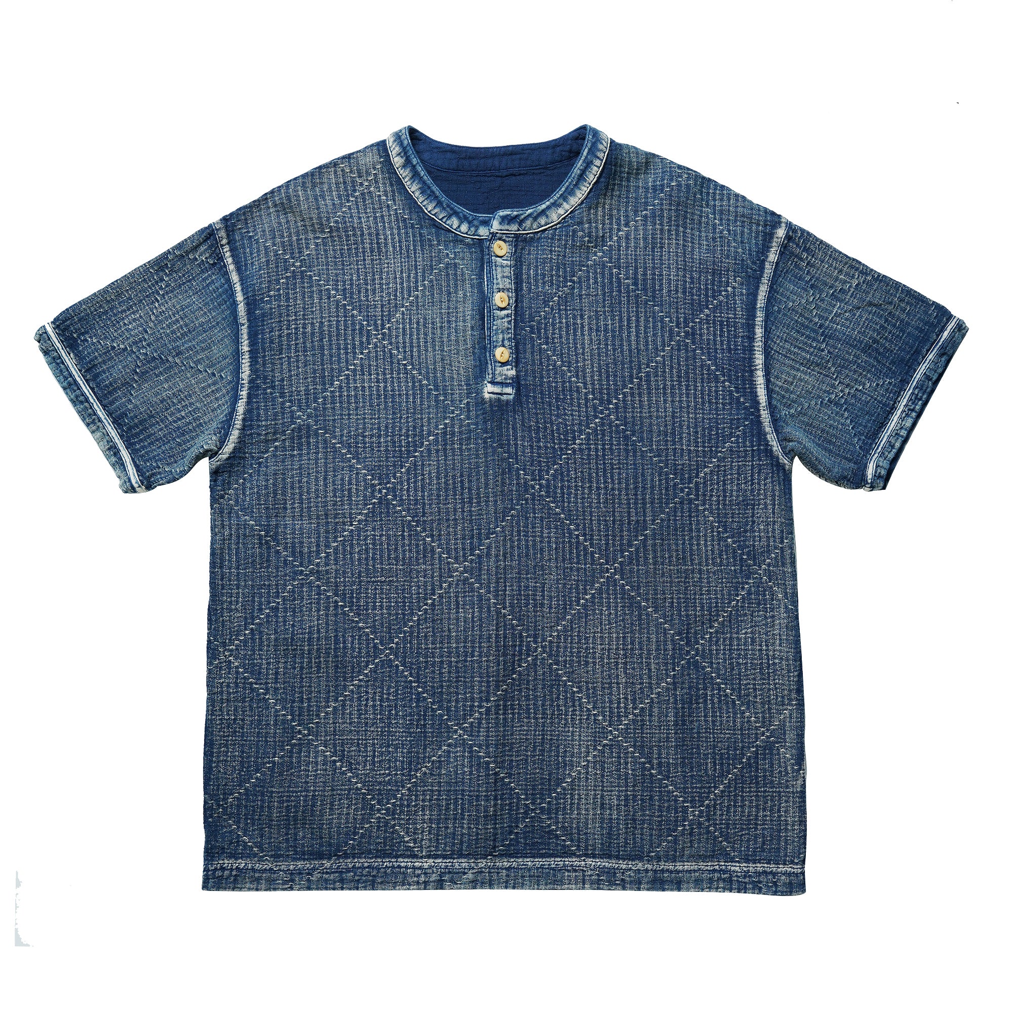 Stuttermabolur - Henley - Washed Indigo