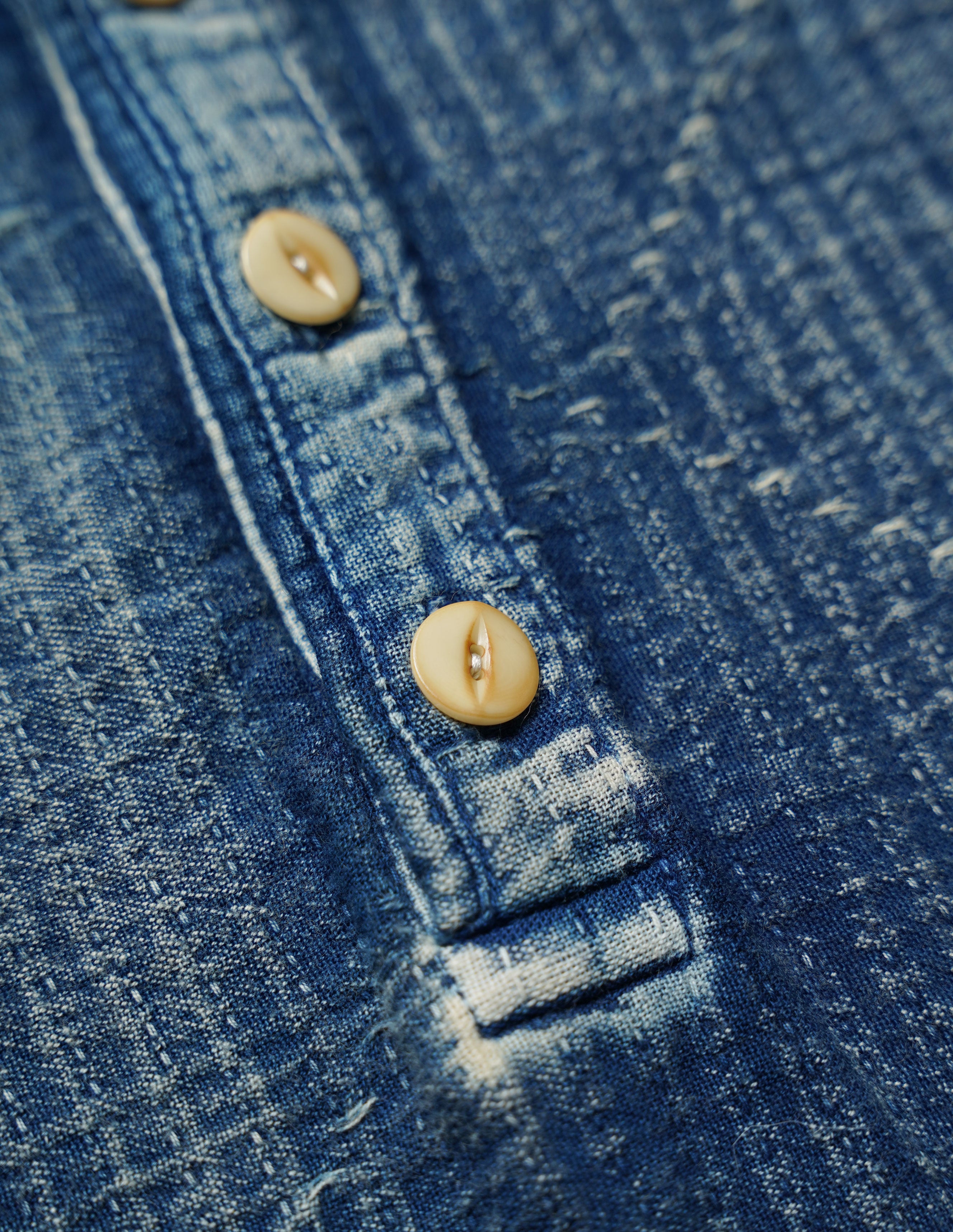 Stuttermabolur - Henley - Washed Indigo